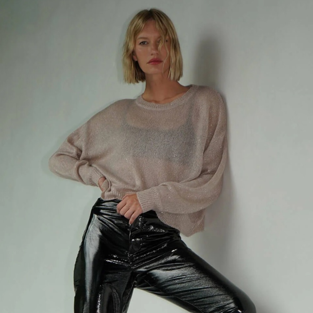 LNA clothing sparkle thread crop sheye lightweight sweater beige medium